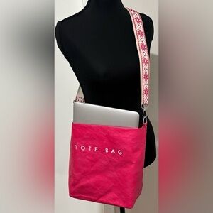 Rose Red Faux Leather Crossbody Tote • Adjustable Woven Strap • Zipper Closure
